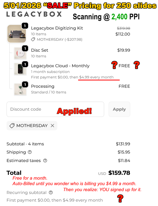 Legacy Box pricing comparison showing hidden fees and auto-billing subscription