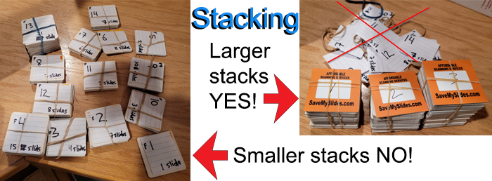 Side-by-side examples of good stacks versus messy stacks of slides